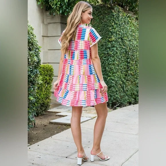 THML Pink Multi-Stripe Tiered Mini Dress - Picture 2 of 7